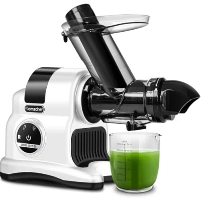 Image de AMZCHEF extracteur de jus à goulotte large 80 mm 150W fruits et légumes haute nutrition mastication lente avec 2 modes vitesse fonction Reverse Blanc