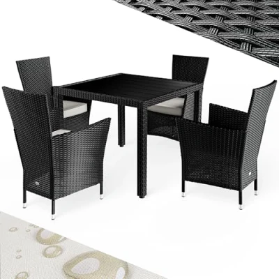 Image de CASARIA® Ensemble salon de jardin 5 pièces polyrotin noir set 1 table + 4 chaises avec coussins bar exterieur