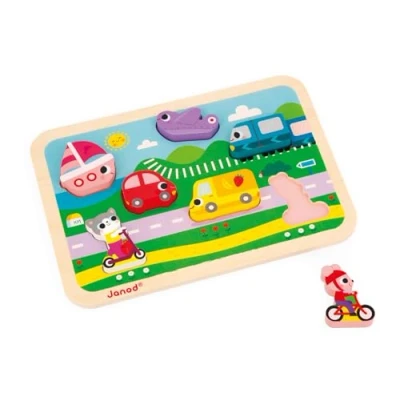 Image de JANOD Chunky Puzzle Les Véhicules Bois FSC 7 pièces Développement Motricité Fine,Concentration et Imagination Dès 18 Mois,J07124