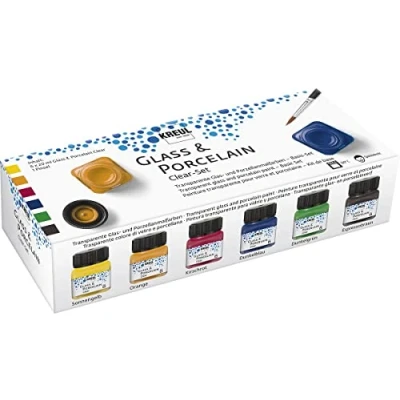 Image de KREUL 16601 Glass &amp; Porcelain Clear Set de 6 pots Peinture transparente pour verre et porcelaine 20 ml avec 1 pinceau à base d’eau (jaune, orange, rouge, bleu, vert marron)