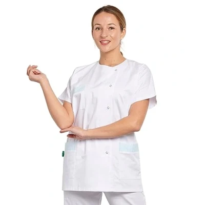 Image de Hurry Jump Tunique medicale Femme Infirmière Aide soingante Blanche Parement rayé Vert Poches T2