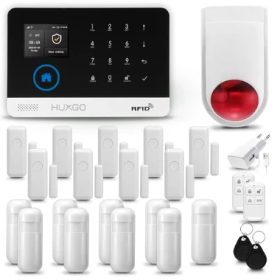 Image de HUXGO® HXA003 Alarme Maison Filaire avec Sirène sans Fil, WiFi + GSM Kit d&#039;alarme Domestique 9X détecteurs de Mouvement, capteurs Portes et fenêtres TUYA App Intelligent
