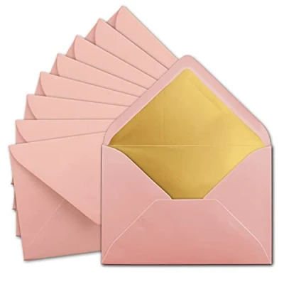 Image de Lot de 10 Enveloppes format C5 15,7 x 22,5 cm en vieux rose (rose) avec doublure soie dorée Fermeture humide postales sans fenêtre au Marque : Gustav Neuser