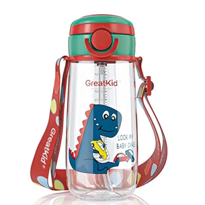Image de Bunnytoo Gourde Enfant avec Paille 500ml,Gourde Capuchon et Poignée Système Anti Gouttes Étanche Nettoyage Facile Fuite Plastique sans BPA Rouge