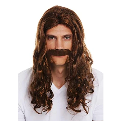 Image de WIG ME UP 70666 FR6 8 Perruque et Barbe Carnaval Hommes Long ondulé bouclé Brun Moyen Age Viking années 70 hipppie