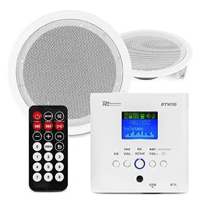 Image de Power Dynamics BTW30SET Système Audio Mural avec Deux Enceintes de Plafond 5&quot;, Cable 5 Mètres, 15 Watts, Blanc, Installation Facile, Tuner FM et Port USB, Ampli Classe D