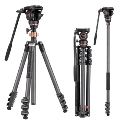 Image de Cayer CF2451 trépied vidéo 67 Pouces en Fibre de Carbone avec tête traînée Fluide, DSLR Compact à 4 Sections Convertible Monopode, pour Appareil Photo Reflex numérique Canon Nikon Sony