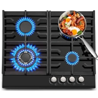 Image de plaque de cuisson à gaz 4 feux, 60 cm, noire, en verre trempé, avec supports fonte, convertible NG/LPG, protection contre la flamme