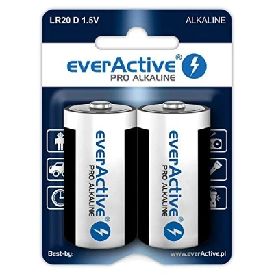Image de everActive D Lot de 2 Piles Pro Alcaline Mono LR20 R20 1.5V Haute Performance 10 Ans Durabilité 1 Carte Blister,Emballage Peut Varier