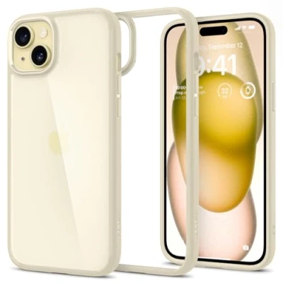 Image de Spigen Coque [Anti Jaune et Antichoc] en Dos PC Bumper TPU Ultra Hybrid pour iPhone 15 Plus Beige Muet