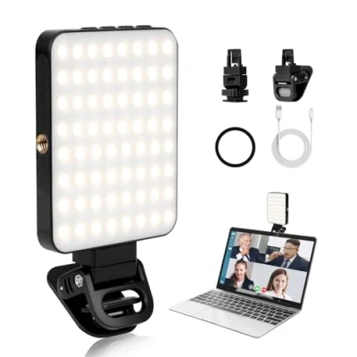 Image de AiQInu Lumière Téléphone pour Selfie LED avec Clip,128 de Haute Puissance 3000 6500K,Batterie Rechargeable 2000mAh,CRI95+,3 Modes d&#039;éclairage, Lampe Vidéo à Pince Portable Phone Caméra