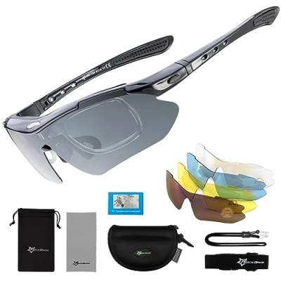 Image de ROCKBROS Lunettes de Sport Polarisées Hommes Cyclisme VTT Femmes Protection UV400 Soleil pour Vélo Pêche Course Conduite avec 5 Verres Interchangeable Noir