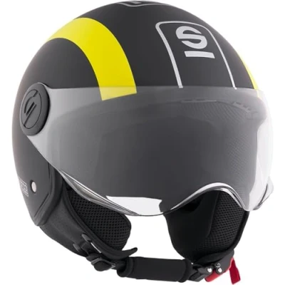 Image de Sparco Riders Sp601 Moto Scooter Homologué ECE 22.06, Casque Demi Jet avec Visière Anti Rayures et Déclenchement Micrométrique Mixte, Noir/Jaune (Mat), XL