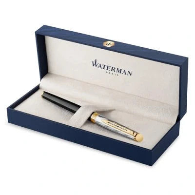Image de Waterman Hémisphère Stylo Plume Métal et laque noire avec finition or Capuchon ciselé moyenne en acier inoxydable plaqué Coffret cadeau
