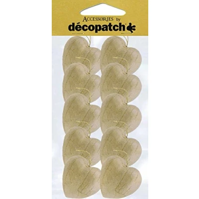 Image de Décopatch AC354O Un lot de 10 cœurs à suspendre avec cordon en papier brun mâché 2,5x4x4 cm