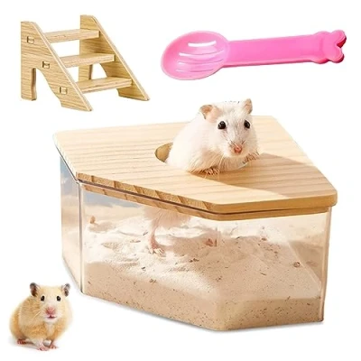 Image de Nizirioo salle de bain en acrylique transparent pour hamster boîte sable avec échelle et couvercle bois naturel pelle animal compagnie