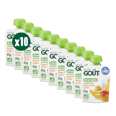 Image de GOOD GOÛT Brassé Végétal Au Lait De Coco Dessert Bébé Dès 6 Mois Mangue, Banane, Passion Sans Lactose Ni Protéines Vache Sucres Ajoutés Format Nomade 10x85g