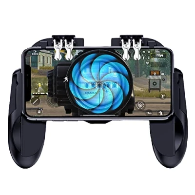 Image de Ozkak Manette Telephone avec Ventilateur, Contrôleur de Jeu Mobile Portable 6 Doigts Gamepad Joystick L1R1 L2R2 pour PUBG Android iOS iPhone Samsung Huawei Smartphone