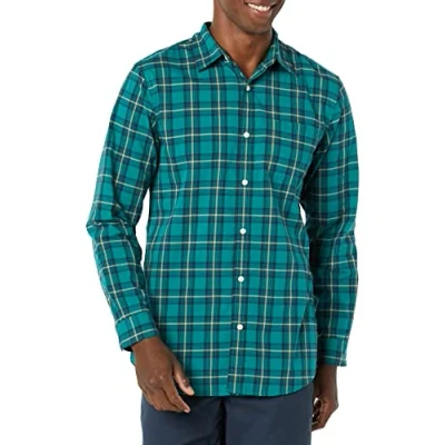 Image de Amazon Essentials Chemise en Popeline Extensible À Manches Longues Et Coupe Ajustée Homme, Vert Or Carreaux, XS