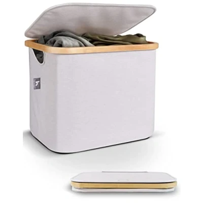 Image de Panier a Linge Boite Rangement en Tissu avec Couvercle 40L Utile Etagère Paniers Kallax Corbeille Enfant Dressing Cadre Bambou Boîte Casier Cube de Jouets Pliable