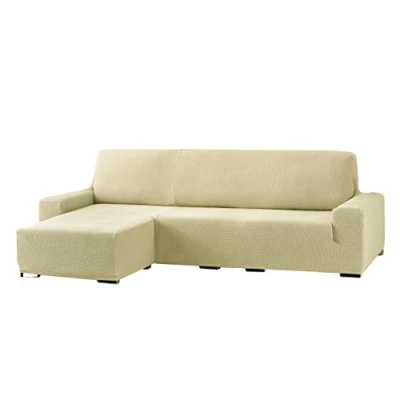 Image de Eysa Cora Bi Élastique Chaise Longue Bras Court Gauche, Vue frontale, Polyester Coton, Beige, 39x35x19 cm