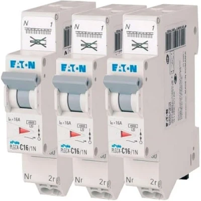 Image de EATON 109130 PLGC4 C16/1N DISJONCTEUR MODULAIRE PH/N Blanc MANETTE GRISE 1P+N / 16 A COURBE C Raccordement direct sans vis 3 disjoncteurs