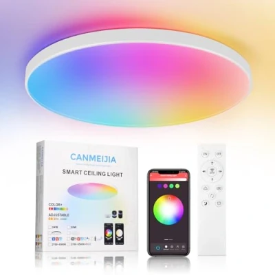 Image de CHENBEN Plafonnier LED Dimmable RGB WIFI Tuya 24W Luminaire avec Telecommande et App,Plafonnier Chambre Connecté Alexa,IP44 Lampe Plafond Rond Plat pour Ado,Salle de Bain,Salon