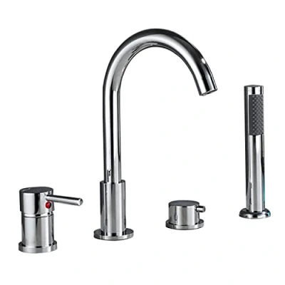 Image de Mitigeur bain douche 4 trous, robinet de baignoire pour salle bain, robinets à col cygne, ensemble pomme et tuyaux