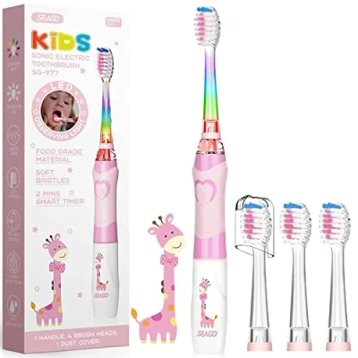 Image de Seago Enfants Brosse À Dents Électrique pour 3 12 Ans avec Minuteur Intelligente et Lampes à LED de Couleur 4 Douces Têtes Kids Filles Garçons SGEK6/SG977 (Rose)