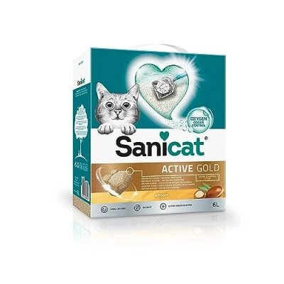 Image de Sanicat Litière agglomérante Active Gold parfum fleur d’arganier, Composée de minéraux naturels avec contrôle des odeurs garanti, Retient l’humidité et facilite le nettoyage, Format : 6 L
