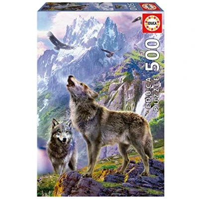 Image de Educa Loups sur Les Rochers 500 pièces Puzzle. Mesure : 34 x 48 cm. Comprend Fix Puzzle Tail pour l&#039;accrocher Une Fois l&#039;assemblage terminé. À partir de 11 Ans (19548)