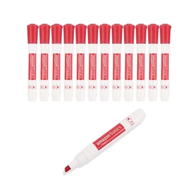 Image de Amazon Basics Lot de 12 marqueurs à pointe biseautée et faible odeurs, effaçables sec, pour tableaux blancs, rouge