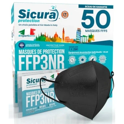 Image de SICURA MASCHERINE CHIRURGICHE 50x Masque FFP3 Noir certifié CE fabriqué en Italie Haute Filtration Plus élevée BFE ≥99% PFE≥99% Masques 50 pièces Scellés Individuellement UV C Désinfectez