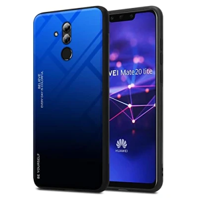 Image de cadorabo Housse Compatible avec Huawei Mate 20 Lite en Bleu Noir Coque de Protection Bicolore Silicone TPU et Dos Verre trempé