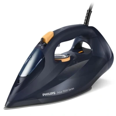 Image de Fer à Vapeur Azur Série 7000 Philips 3000W, 55 g/min de Débit Vapeur, Effet Pressing Steam Boost 250 g, Verticale, Semelle SteamGlide Elite, Bleu/Jaune (DST7060/20)