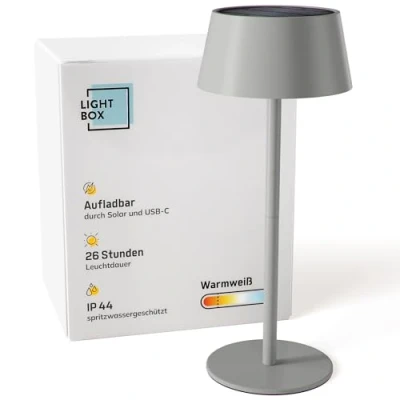 Image de Lightbox LED lampe de table d&#039;extérieur Ø 13 cm sans fil avec solaire variateur tactile à 3 niveaux alimentée par batterie (4 W, 300 lm, 3000 K) en métal /