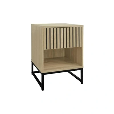 Image de sweeek Table de Chevet Style Contemporain avec 1 tiroir Effet Bois rainuré (système d&#039;ouverture par Pression) et Niche. piètement en métal Noir