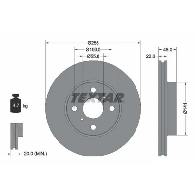 Image de TEXTAR PRO 92077203 Disque de frein 255 22 04/06 100 ventilé l&#039;intérieur revêtu sans boulon fix roue, moyeu roue