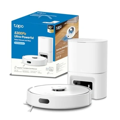 Image de Tapo Aspirateur Robot Laveur 2 en 1 RV30Max Plus White Vidage Automatique, Silencieux et Fin, Ultra puissante de 5300Pa, Navigation LiDAR, Auto Charge Autonomie 150min, Tapis Poils d&#039;animaux