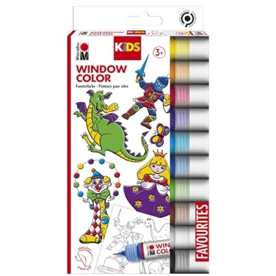 Image de Marabu 030600000100 Kids Window Color Set de 10 x 25 ml peinture et modèle coloriage A4 avec 18 motifs, pour fenêtre à base d&#039;eau, convient verre, miroir, carrelage film