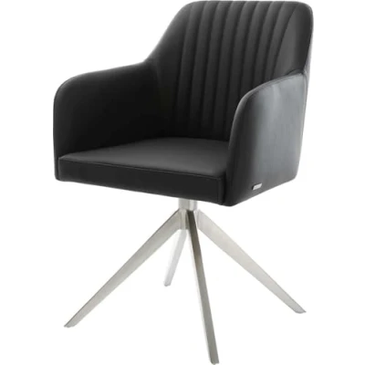 Image de Chaise pivotante Greg Flex cuir de vache noir pied croisé large acier inoxydable brossé pivotement sur 360 fonction bascule ressorts ensachés