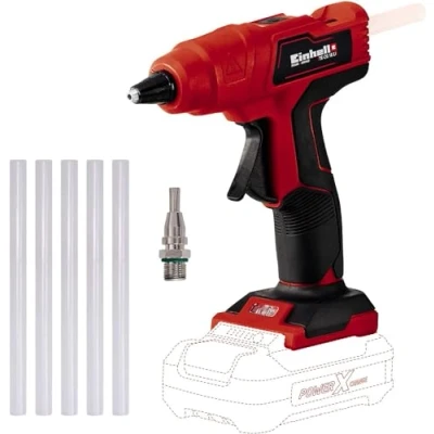 Image de Einhell Pistolet à colle sans fil TE CG 18 Li Solo Power X Change (18V, Prêt l’emploi en 120 secondes, avec 5 bâtons de 12mm + embout plat) Livré Batterie ni Chargeur