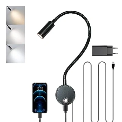 Image de Lampe de Lecture Murale, Liseuse Chevet LED Dimmable avec Interrupteur Tactile et Port Chargement USB Lumière Réglable 3000k 6000k Applique Col Cygne Flexible pour Chambre Chargeur