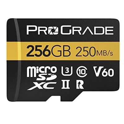 Image de microSD Card V60 (256Go) testée pour fonctionner avec des périphériques de Carte SD Pleine Grandeur Jusqu&#039;à 250Mo/s en Lecture, 130Mo/s écriture par ProGrade Digital