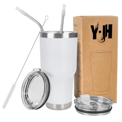 Image de Y·J&amp;H 30oz (850ml) Gobelet de voyage Tasse à café paroi double isolée sous vide acier inoxydable,avec 2 couvercles anti éclaboussures, pailles et brosse canalisation, sans BPA Blanc