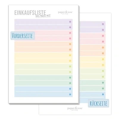 Image de paper&amp;you® Bloc notes A6 pour liste de courses [arc en ciel] avec 50 feuilles détachables Durable et respectueux du climat