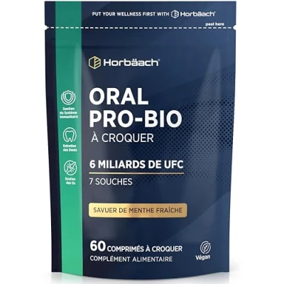 Image de Biotique Oraux pour la Bouche 60 Comprimés Végan à Croquer Saveur Menthe Complément Alimentaire Mauvaisse Haleine 6 milliards d&#039;UFC Oral Biotic Supplement par Horbaach