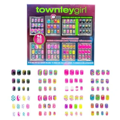 Image de Townley Girl Lot de 96 ongles à presser comprenant un ensemble faux artificiels phosphorescents avec kit pointes d&#039;ongles couverture complète pré collée, soirées pyjama et relooking