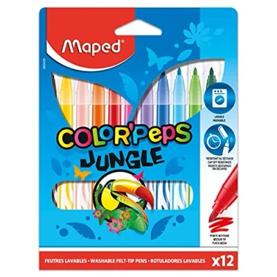 Image de Maped Feutres Jungle Color’Peps 12 de Coloriage Lavables et Résistants au Séchage Pointe Moyenne Bloquée Couleurs Vives Idéal Fournitures Rentrée Scolaire Pochette Carton