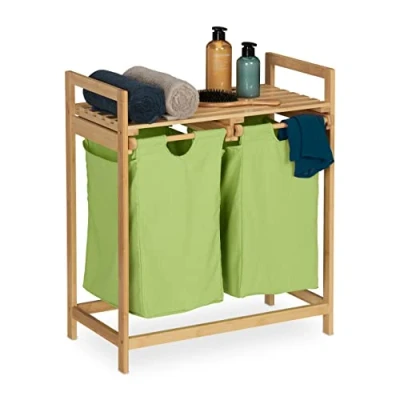 Image de Relaxdays Meuble à Linge, étagère Pratique, 2 Sacs Amovibles, Structure en Bambou, HLP : 73x64x33 cm, Nature et Vert